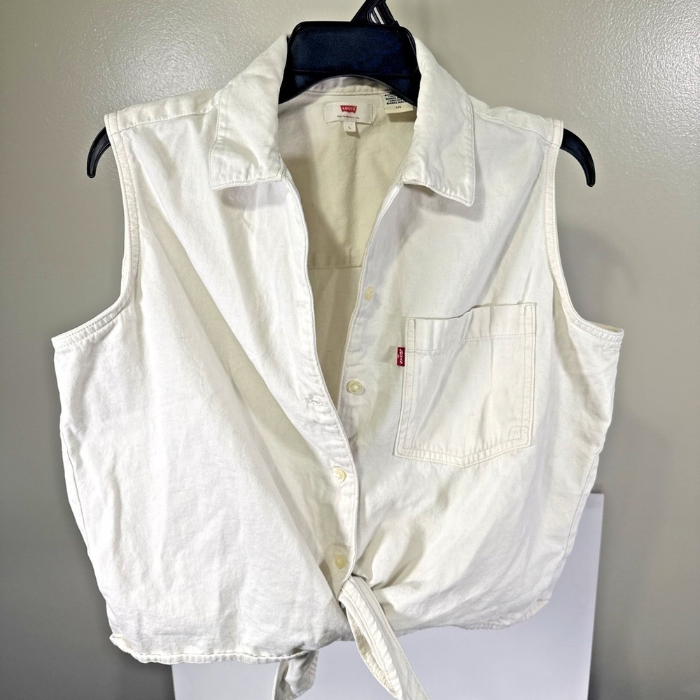 Levi's Sleeveless Shirt Women Large White Tie Front Denim Button Down 29958-0004